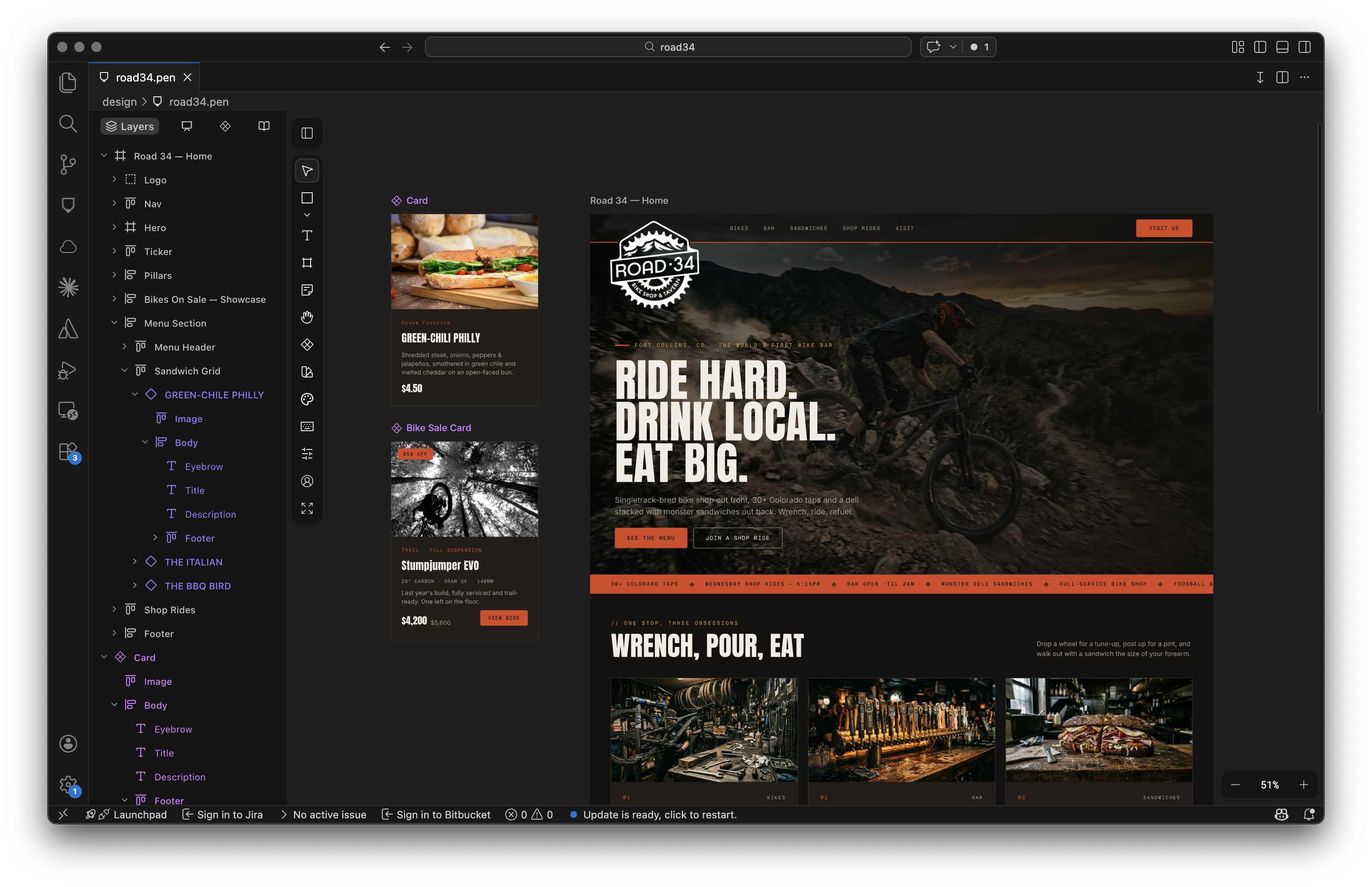 Pencil.dev interface showing a Road34 bikes page design exploration